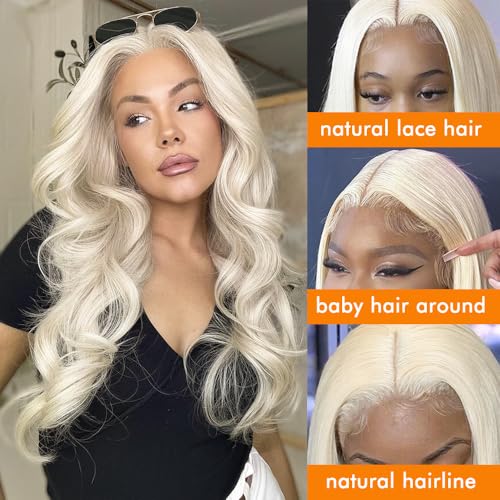 Platinum Champagne Blonde Wig Human Hair Pre Plucked Body Wave Silver Ash White 613 Blonde UHD Transparent T Part Lace front Wigs For Women Real Human Hair 20 Inch 180% Density