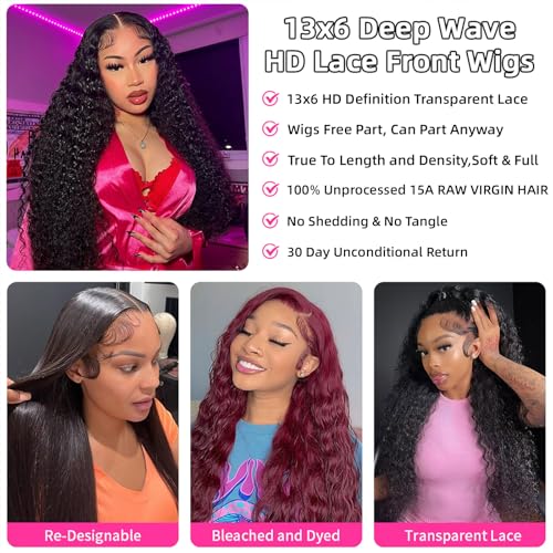 Deep Wave Lace Front Wigs Human Hair 250 Density 15A Raw 13x6 hd Lace Frontal Deep Curly Human Hair Wig for Women (22 inch)