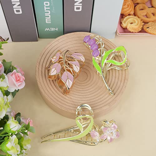 3-Piece Flower Metal Hair Clips, Purple Leaves Shape Hair Claw for Thin/Medium Hair, Elegant Lily Floral Barrettes - Strong Hold, Non-Slip Cute Accessories for Thick Hair