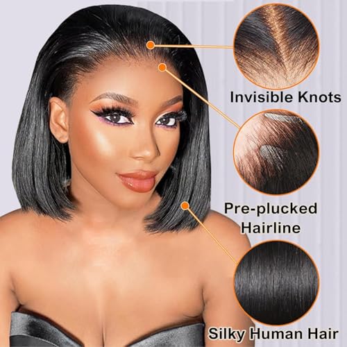 Lace Front Bob Wigs Human Hair, 12 Inch 13x4 HD Lace Glueless Bob Wig Human Hair Short Straight Frontal Bob Wigs for Black Women Human Hair Pre Plucked with Baby Hair Side Part 180% Density