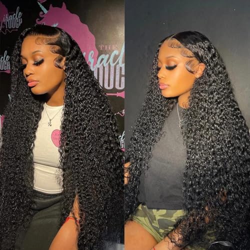 Deep Wave Lace Front Wigs Human Hair Pre Plucked 180 Density 13x4 HD Transparent Lace Frontal Wigs for Black Women Deep Curly Human Hair Lace Front Wigs (28 Inch)