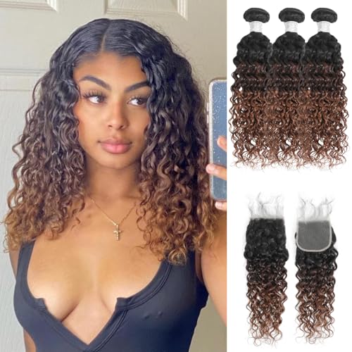 Ombre Human Hair Bundles with Closure 4x4 Water Wave, #T1B/2/30 Chestnut Ombre Brown Wet and Wavy Curly Remy Hair 3 Bundles and 4x4 HD Lace Closure Free Part 14/16/18+14 Inch Dark Roots Weave