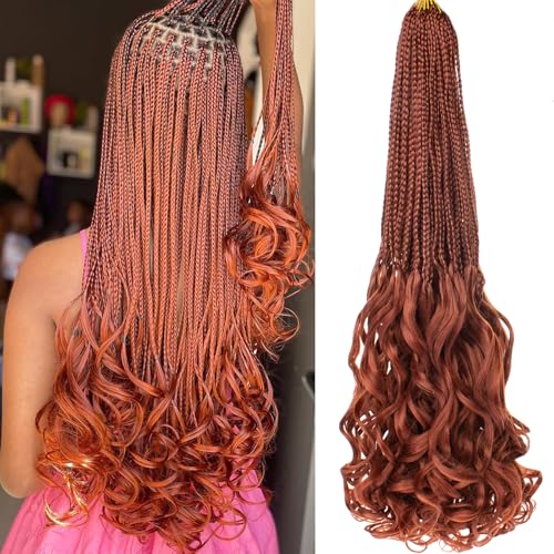 COOKOO 9 Packs Ginger Crochet French Curl Braids 24 Inch Pre Looped French Curl Braiding Hair for Women Goddess Box Braids Hair with Curly Wavy Ends Synthetic Hair Extensions 350#
