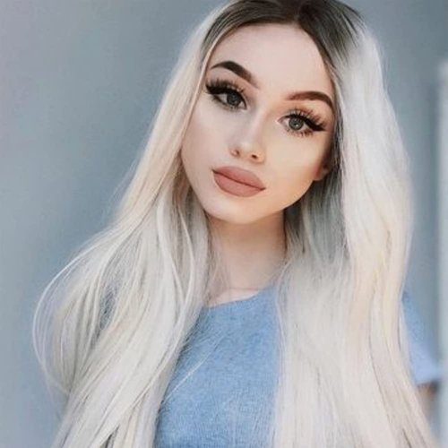 Angle Lucky Long Straight Platinum Blonde Lace Front Wig Synthetic Omber Blonde with Black Root Middle Part Wig Heat Resistant Fibre Realistic Hairline Daily Wigs for Women 24 Inch
