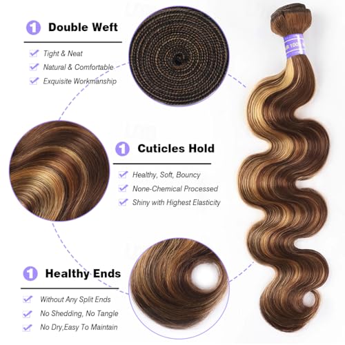 Perstar Highlight Human Hair Bundles Honey Blonde Body Wave 4 Bundles 18 20 22 24 Inches 100% Brazilian Virgin Hair Ombre 4/27 for Women Colored Human Hair Sew In Weave