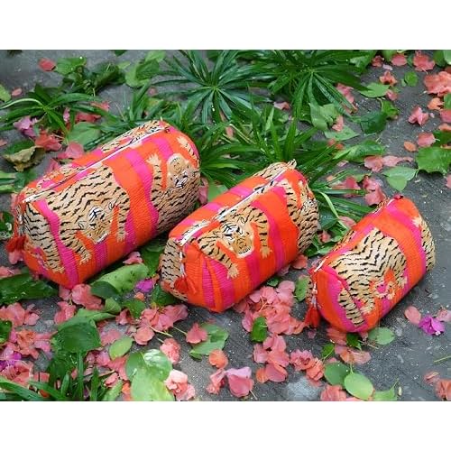 INDACORIFY Tiger Print Makeup Bag Set of 3 Pieces Indian Cotton Toiletry Bag Make up Pouch Travel Bag Quilted Wash Bag Shaving Cotton Cosmetic Kit