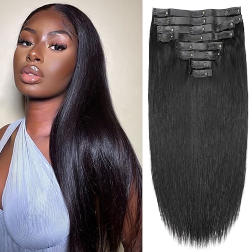Seamless Clip in Hair Extensions Real Human Hair Full Head Natural Black PU Seamless Hair Extensions Straight 8pcs 120g Clip ins 100% Remy Human Hair Extensions For Women (26 inch, #1B)