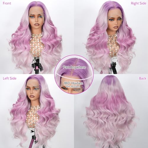 Pink and Purple Ombre Lace Front Wig, 13x6 Glueless Body Wave Human Hair Wig with HD Transparent Lace, Pre Plucked & Baby Hair