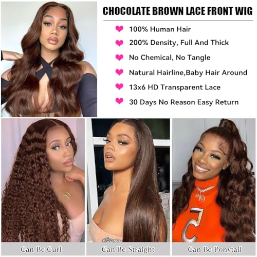 13x6 Chocolate Brown 32 Inch Lace Front Wig Hd Transparent Body Wave Lace Front Wigs Human Hair 200% Density Brown Wig Human Hair 4# Colored Glueless Wigs for Women
