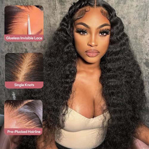 13x6 Deep Wave Lace Front Wigs Human Hair 200 Density 28 Inch Curly Wig 13x6 HD Lace Front Wigs Human Hair Glueless Wigs Human Hair Pre Plucked for Black Women Natural Color