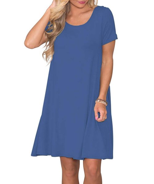 WNEEDU Women's Summer Casual T Shirt Dresses Short Sleeve Swing Dress with Pockets (2XL, Beja Blue)