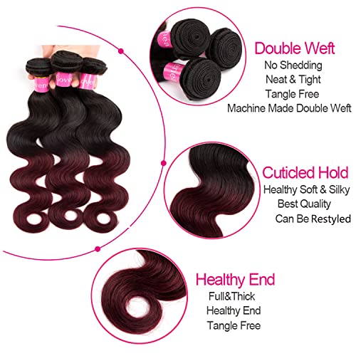 Ombre Brazilian Body Wave Human Hair Bundles With Closure Body Wave 3 Bundles with 4x4 Free Part Lace Closure 2 Tone Black to Burgundy Color Human Hair Extensions(T1B/99J, 18 20 22+14)