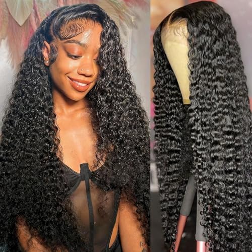 Nakkia 30 Inch Deep Wave Lace Front Wigs Human Hair 13x6 HD Transparent Lace Frontal Wig 180% Density Deep Curly Human Hair Pre Plucked Glueless Wigs for Women Natural Color