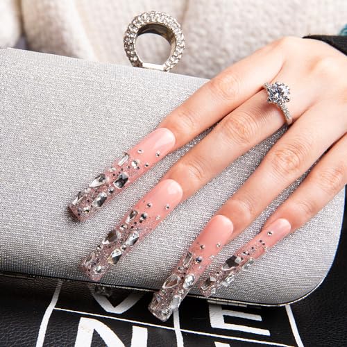 LOVFUL Stunning Bling Nails,Crystal Detailed Diamonds Press On Nails | Custom Shape | Glitter Rhinestone Nails | Gradient Pink Fake Nails| Square Long 2.2 in | H126 (L)