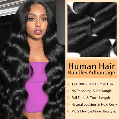 Body Wave Bundles Human Hair 22 24 26 Inch 12A Human Hair Bundles 100% Unprocessed Brazilian Virgin Hair Quick Weave 3 Bundles Deals Human Hair Extensions Natural Black