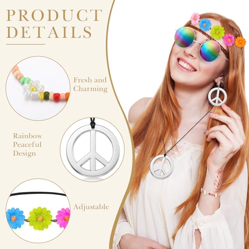 Batiyeer 6 Pcs Hippie Costume Accessories Set, Boho Peace Sign Daisy Flower 60s 70s Party Favors Decor for Groovy Party Women(Sliver)