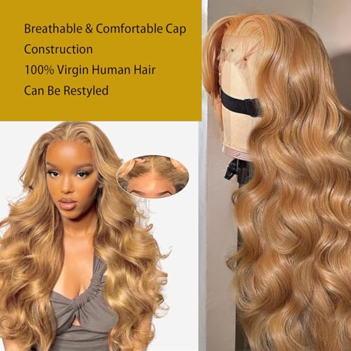 26 Inch Honey Blonde Wig Human Hair 200% Density Body Wave Lace Closure Wigs Human Hair Pre Plucked Glueless 5x5 HD Transparent Lace Closure Wigs Human Hair for Women
