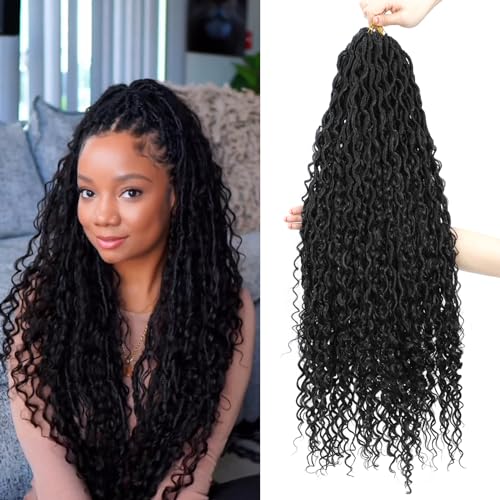 New Goddess Locs Crochet Hair 30inch Long River Faux Locs Braids with Curly End Long Boho Hippie Locs Style Synthetic Hair Extensions (30" 6Packs 1B#)