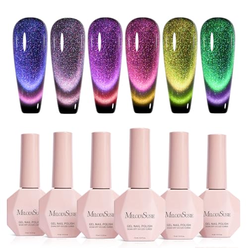MelodySusie 9D Chameleon Cat Eye Gel Nail Polish Set 6 PCS, 0.5 Fl Oz Red Rosy Pink Glitter Holographic Magnetic Nail Polish with Magnet, UV Nail Polish for Nail Art Manicure Salon DIY at Home