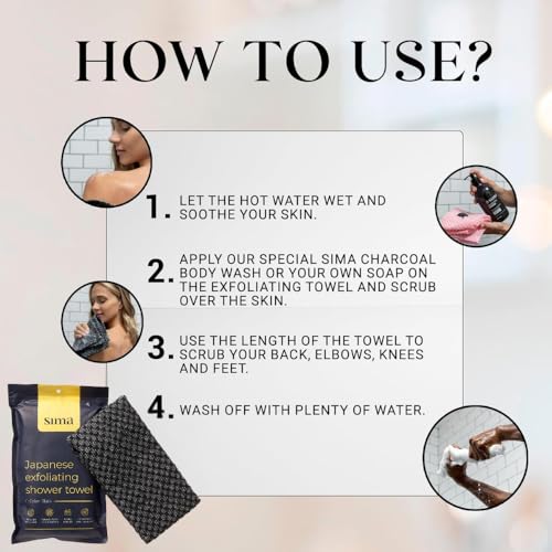 Exfoliating Washcloth Face & Body Scrub Towel - Japanese Exfoliating Towel with Hexagon Fibers, Body Scrubber with 2 Sides for Scrubbing & Washing, Extra Long Body Towel (Black)