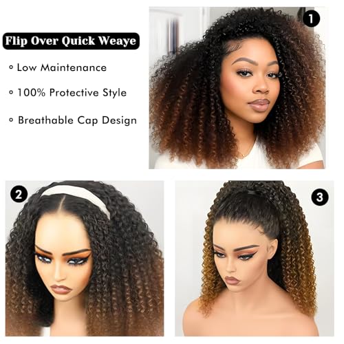 Half Wig Human Hair Glueless Kinky Curly Style 200% Density Ombre Highlight Invisible Hairline Beginner Friendly Seamless Clip Ins Flip Over None Lace Front Wigs (20 Inch)