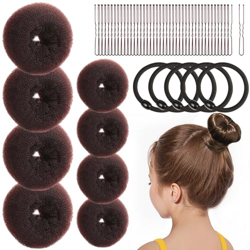 FANDAMEI Hair Bun Maker for Kids, 4PCS Donut Bun Maker Small with 4PCS Extra Small Hair Buns Kit. Ballet Hair Bun Maker for Kids, Hair Bun Set with Elastic Hair Ties, Hair Pins.(Brown)