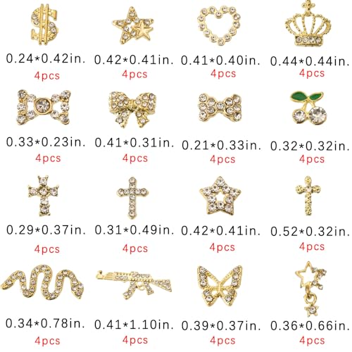 64 Pcs Gold Nail Charms and Gems Y2k Charms for Nails Design Metal Nail Jewels for Nail Art 3D Nail Bow Cherry Butterfly Star Cross Heart Money