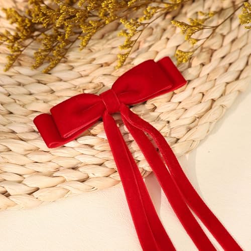 VOBOBE 2PCS Velvet Hair Bows for Women Girls, Tassel Ribbon Bowknot Hair Clips Barrettes for Girl with Small Long Tail Solid Hair Accessories (Red-Velvet)