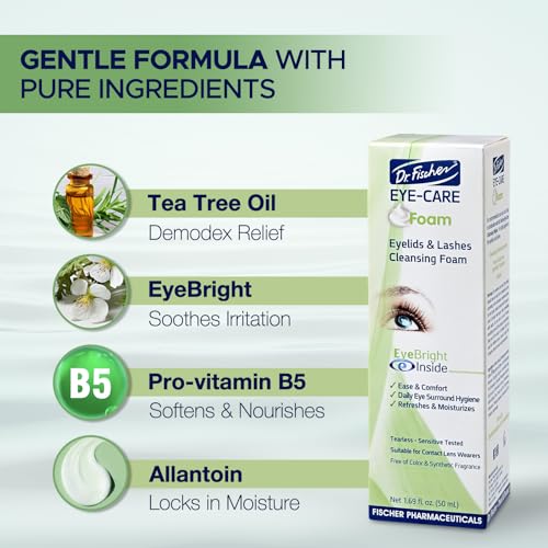 Dr. Fischer Tea Tree Oil Eyelid Cleanser - Eye Lid Scrub and Wash - Gentle Eyelash Foam Tear Free