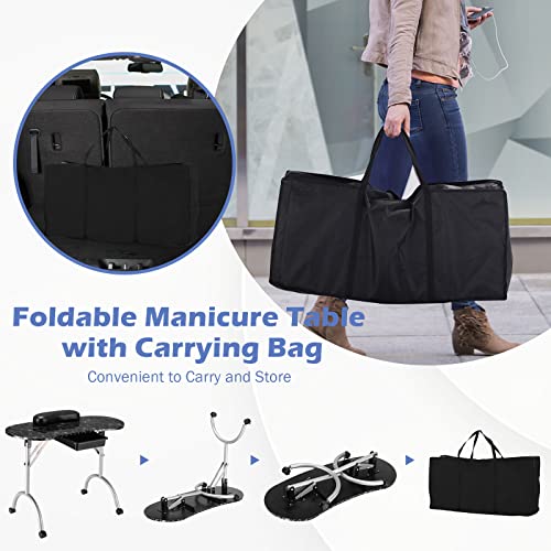Giantex Portable Manicure Table, Foldable Nail Tech Table with Large Drawer, Wrist Rest, 4 Lockable Casters, Carrying Bag, Nail Salon Table Nail Desk Station for Technician, Black
