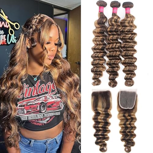 Loose Deep Wave Human Hair Bundles With Closure 20 22 24+20inch Ombr? Highlight Bundles Human Hair with 4x4 Lace Closure Highlight Brown Blonde Colored