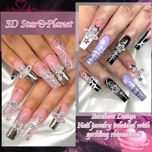 RODAKY 128PCS Silver Nail Charms Cross Star Charms for Nails 3D Saturn Planet Nail Jewelry Pink Nail Rhinestone Gems Mixed Style Y2K Nail Decoration Manicure Design Nail Accessories