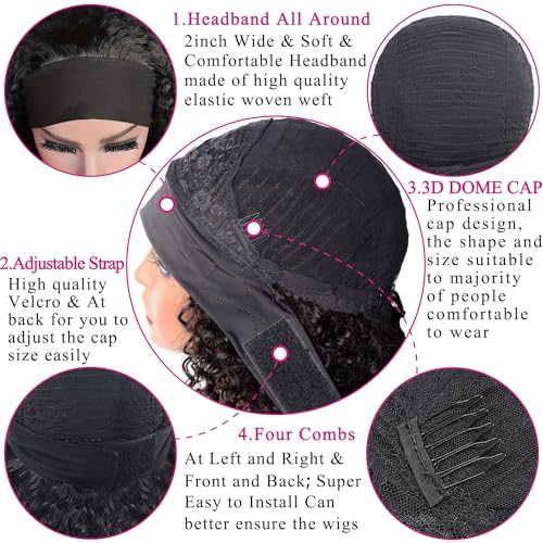 Headband Wig Deep Wave Human Hair Wigs Virgin Hair Brazilian Remy Hair Glueless Non Lace Front Wig for Black Women Wear and Go Wigs Deep Curly Wave Headband Wig (30 Inch, Natural Color)