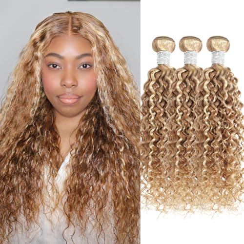 13A 27/613 Human Hair Bundles Water Wave 16 18 20 Inch, Highlight Blonde Curly 3 Bundles Wet n Wavy 100% Raw Hair Keep Silky And Soft After Washing #F27/613 Highlight Honey Blonde Sew In Weave