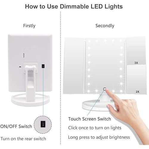 WEILY Makeup Vanity Mirror with 21 LED Lights and Touch Screen, Tri-Fold 1x 2X 3X Magnification,180¡Æ Adjustable Rotation and USB Powered,Countertop Cosmetic Mirror (White)