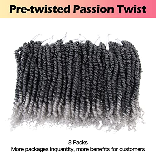 Niseyo 6 Inch Passion Twist Hair Pre-twisted 8 Packs Pre-looped Crochet Passion Twist Crochet Hair Short Braids (TGrey)