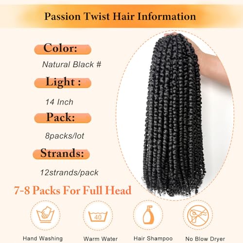 8 Packs Passion Twist Hair Pre Twisted 14 Inch Passion Twist Crochet Hair Pre Looped Crochet Braids for Black Women Synthetic Natural Black Curly Braiding Hair Extensions