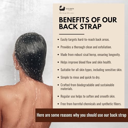Eco Bath London Natural Sisal Hemp Back Strap Black - Premium Exfoliating Back Washer with Handles, Shower Bath Sponge Body Scrubber for Smooth Skin