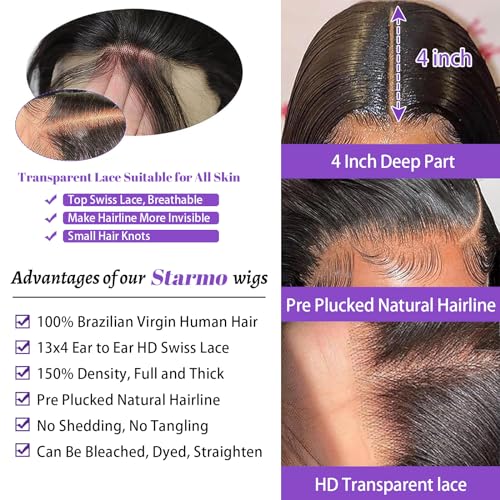 Body Wave 13x4 HD Lace Front Human Hair Wigs for Women 150% Density Glueless Natural Black 28 Inch