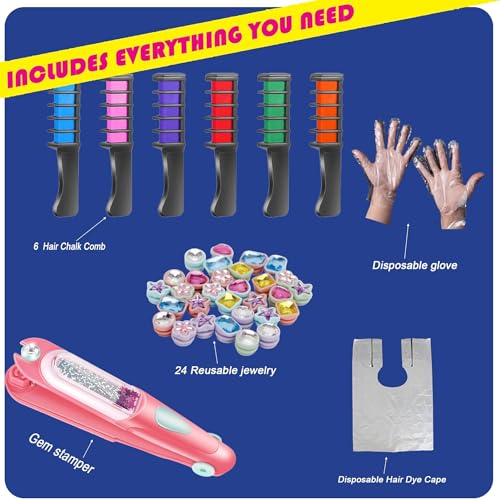 Hair Gem Stamper Kit with Reusable Bling Jewels & Washable Chalk - Girls Hair Styling Toys, Creative DIY Accessories, Birthday Gifts for Ages 5-12 (Light Hair Friendly)