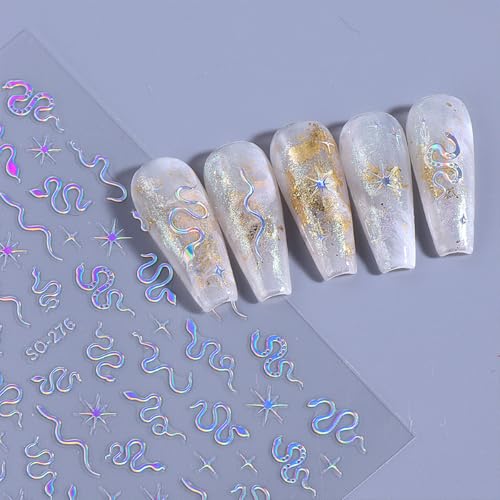 Snake Nail Sticker for Nail Art 3D Self-Adhesive Black Silver Gold Laser Snake Star Nail Decals Stars Designs Nail Art Stickers Charms for Women and Girls Daily DIY Nail Decoration