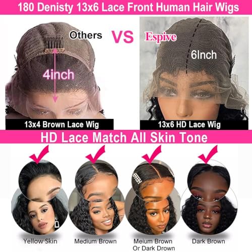 13x6 Deep Wave Lace Front Wigs Human Hair 200% Density HD Lace Frontal Wigs 12A Glueless Curly Wigs Human Hair Pre Plucked with Baby Hair Wet And Wavy Wigs for Black Women Natural Black 30 inch
