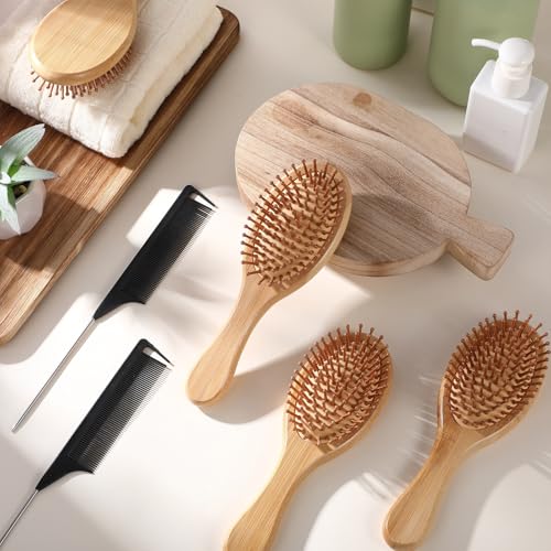 Meanplan 40 Pack Bamboo Hair Brush Bulk Mini Wood Hairbrushes for Women Hair Growth Detangle Tail Comb Paddle Hairbrush for Massaging Scalp Women Men Wedding(Round Head)