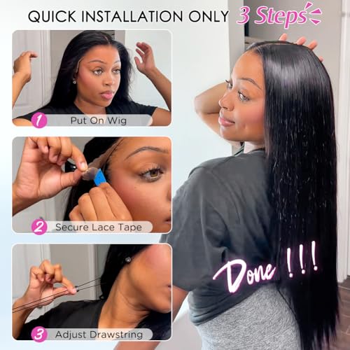 Pizazz 13x6 Straight Glueless Wig Human Hair Pre Plucked Pre Bleached Pre Cut Upgrade Invisible Drawstring Wig with Tapes 220 Density Ready to Go HD Frontal Human Hair Wigs for Women 20 Inch
