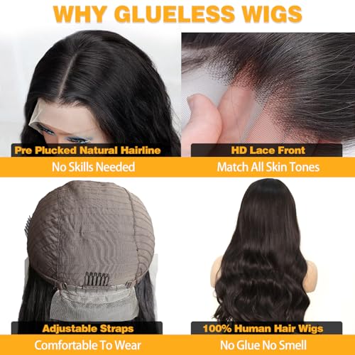 Body Wave Lace Front Wigs Human Hair 13x4 HD Transparent Lace Frontal Wigs Human Hair for Women Brazilian Virgin 180 Density Glueless Wigs Human Hair Pre Plucked with Baby Hair Natural Black 30 Inch