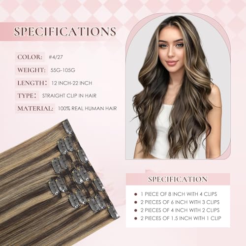 22 Inch Clip-in Real Human Hair Extensions,7 Pieces with 16 Clips,Chocolate Brown Highlighted Caramel Blonde 105 Gram Silky Straight Hair,Remy Thick Invisible, No Shedding