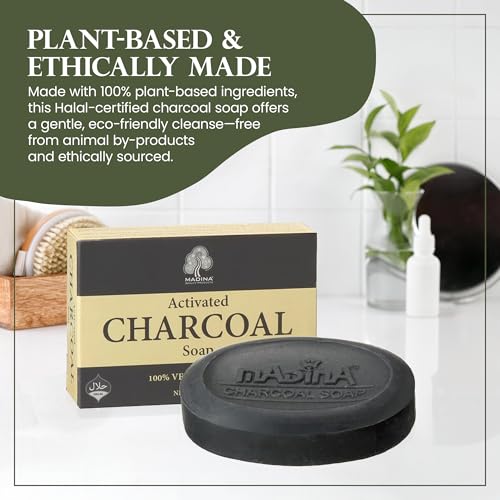 Madina Activated Charcoal Soap Bar ? Deep Cleansing, Detoxifying, Oil Control, Acne, 100% Vegetable-Based, Halal, Gentle Face & Body Cleanser, 6 Pack (3.5 oz Each)