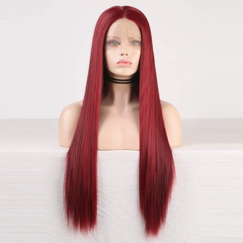RDY Wine Red Wig Long Silky Straight Burgundy Synthetic Lace Front Wig for Women Cosplay Wig with Pastel Heat Friendly Fiber Glueless Wig Half Hand Tied Frontal Lace Wigs with Natural Hairline 20 Inch