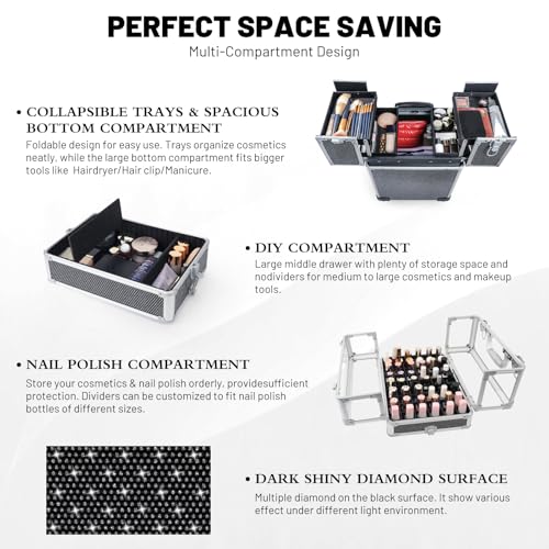 4 in 1 Rolling Makeup Train Case Professional Cosmetic Trolley Cart Travel Nail Cart Organizer with Wheels Transparent Acrylic Panel for Makeup Hair Stylists Nail Tech (Black Crystal)