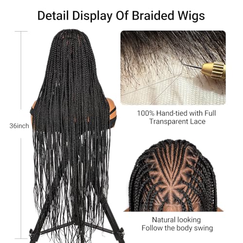 SUPERNOVA Special Top Design Full Lace Box Braided Wig Handmade Knotless Braided Wigs For Black Women Synthetic Hair Boho Braids Wig Lightweight & Natural Look Baby Hair Around 36 Inch